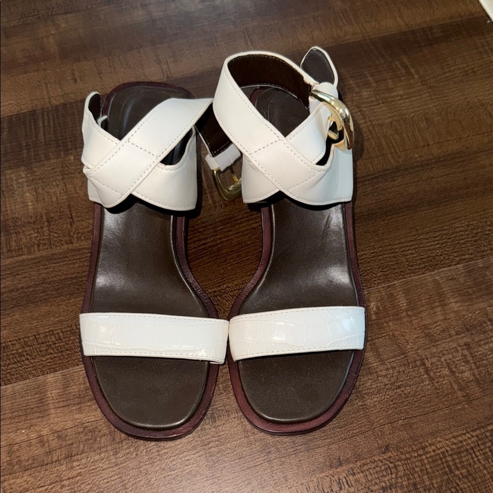 Vince Cream and Brown Sandals with Gold Buckle